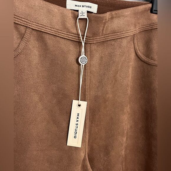 NWT MAX STUDIO faux suede pants leggings Camel Tan Sz L - Picture 4 of 12